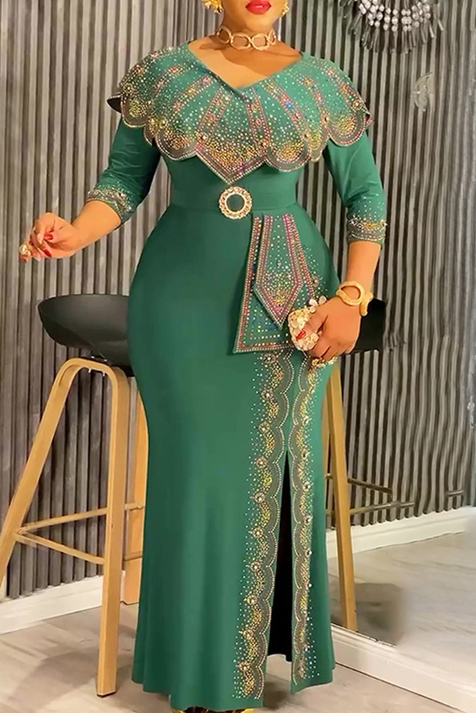 Elegant Solid Color Slit Hot Drill V Neck Long Plus Size Dresses