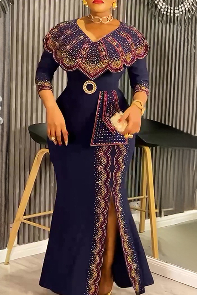 Elegant Solid Color Slit Hot Drill V Neck Long Plus Size Dresses