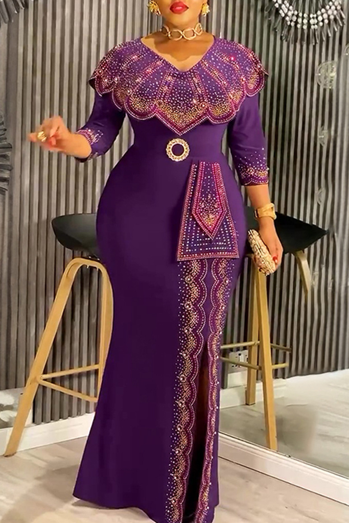 Elegant Solid Color Slit Hot Drill V Neck Long Plus Size Dresses