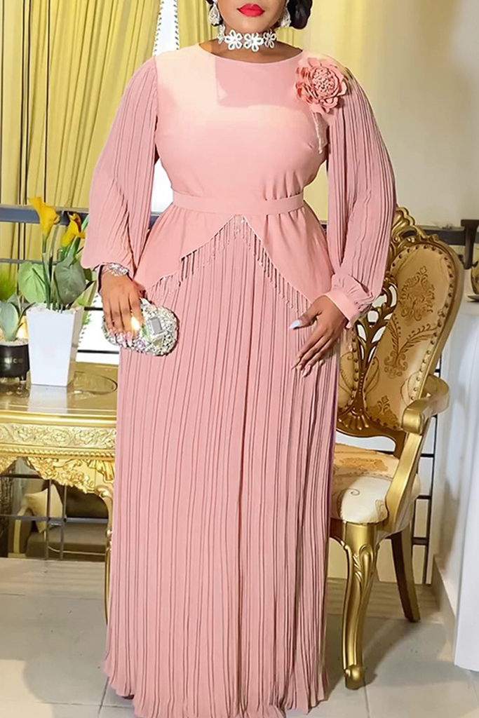 Elegant Fringed Trim Pleated Flower Shape O Neck Long Plus Size Dresses