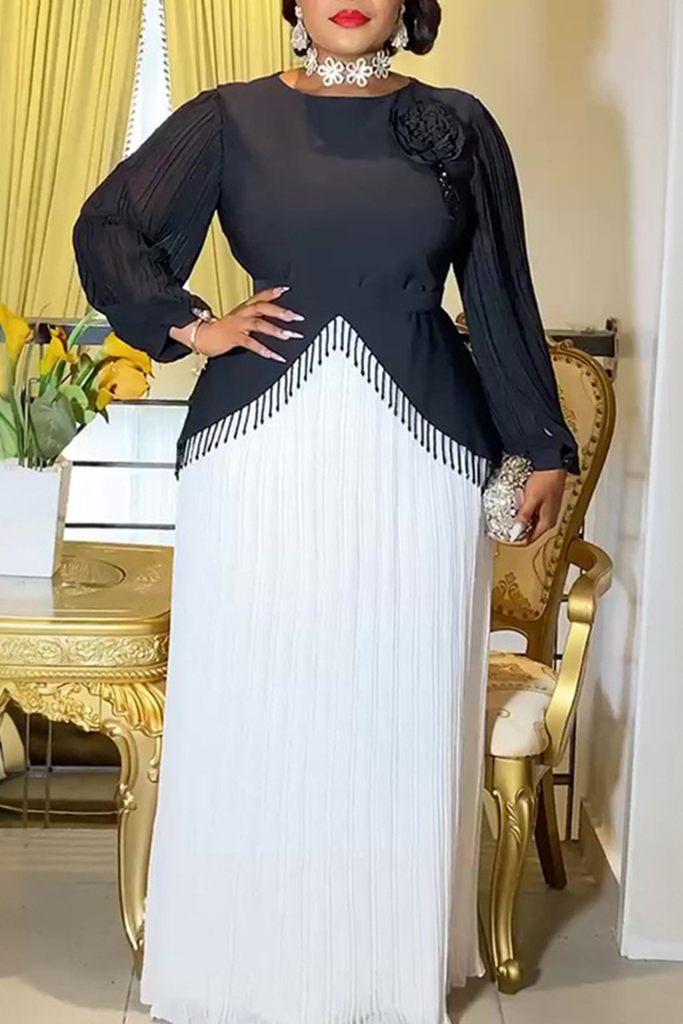 Elegant Fringed Trim Pleated Flower Shape O Neck Long Plus Size Dresses
