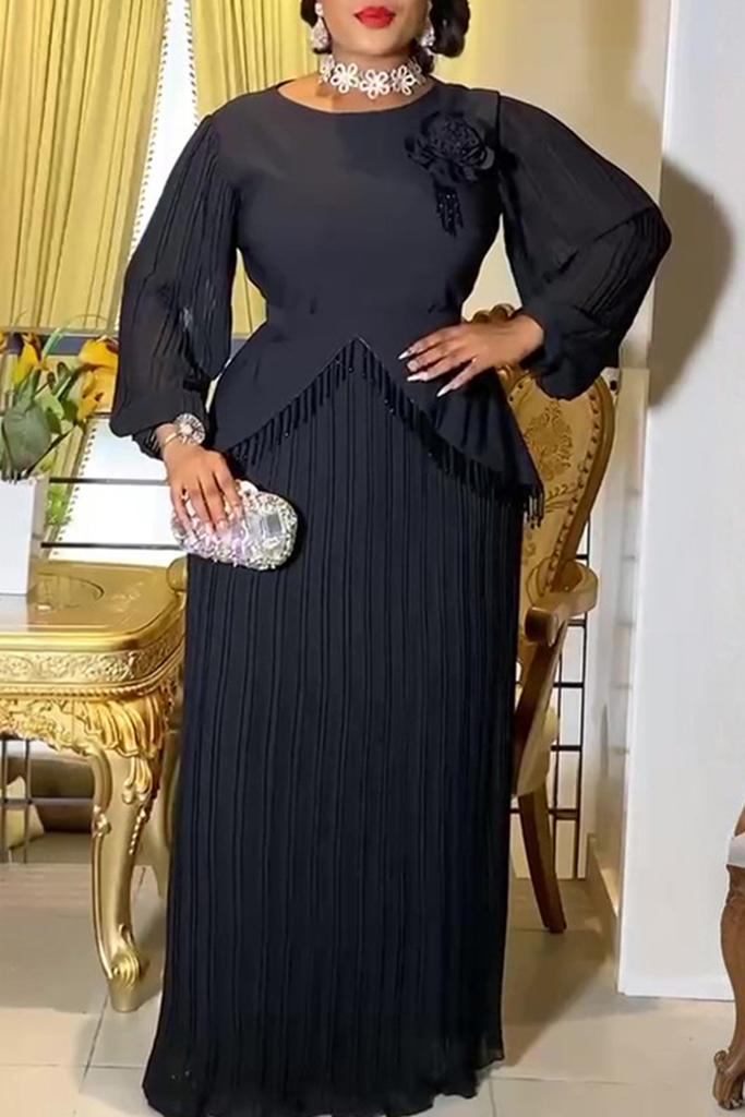 Elegant Fringed Trim Pleated Flower Shape O Neck Long Plus Size Dresses