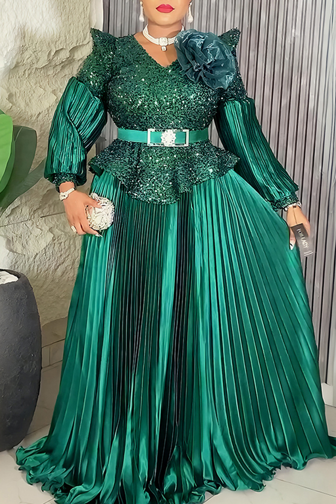 Elegant Solid Color Sequins With Belt V Neck Long Plus Size Dresses