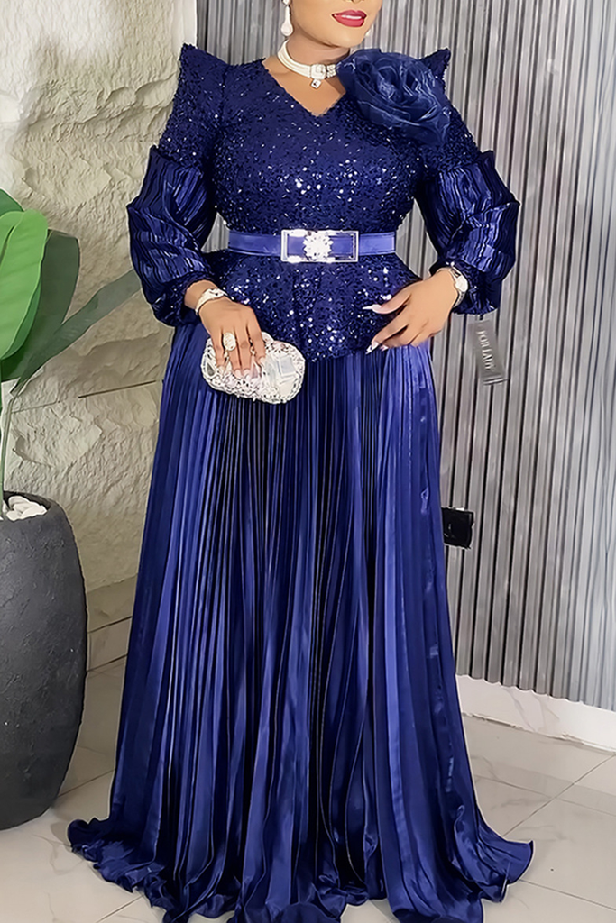 Elegant Solid Color Sequins With Belt V Neck Long Plus Size Dresses