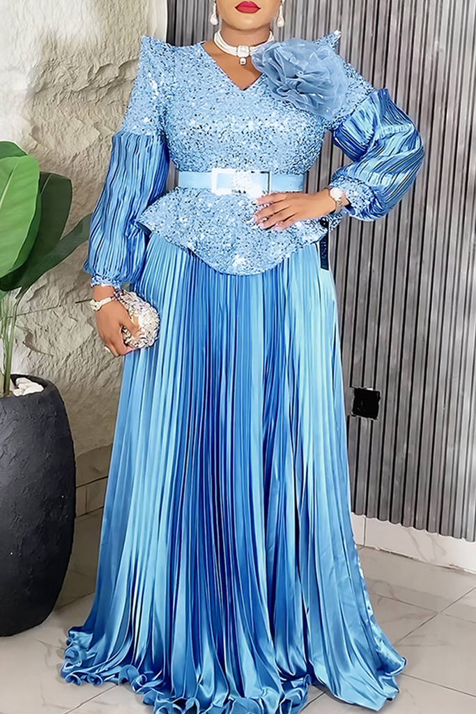 Elegant Solid Color Sequins With Belt V Neck Long Plus Size Dresses