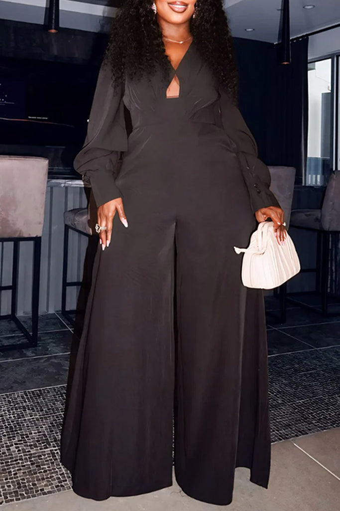 Casual Daily Solid Color Hollow Out V Neck Regular Jumpsuits
