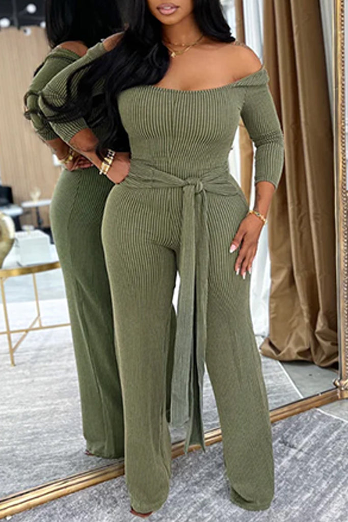 Casual Daily Solid Color Belted Off Shoulder Regular Jumpsuits