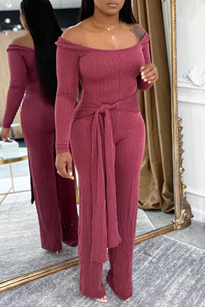 Casual Daily Solid Color Belted Off Shoulder Regular Jumpsuits