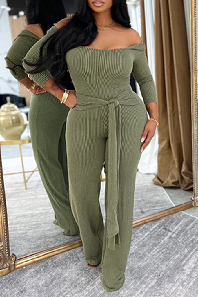 Casual Daily Solid Color Belted Off Shoulder Regular Jumpsuits