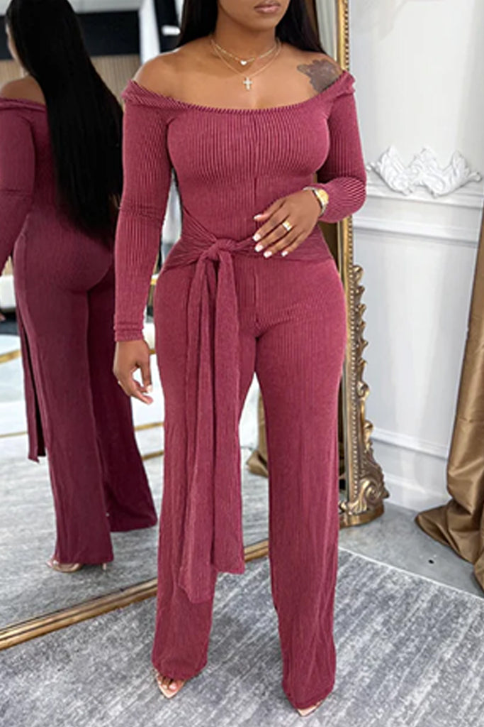 Casual Daily Solid Color Belted Off Shoulder Regular Jumpsuits