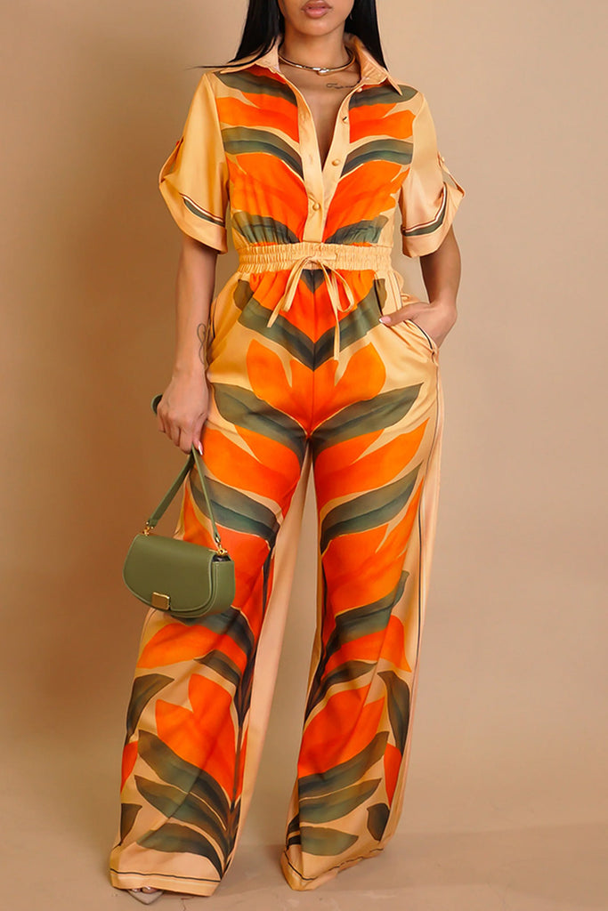Casual Daily Print Buttons Turndown Collar Regular Jumpsuits