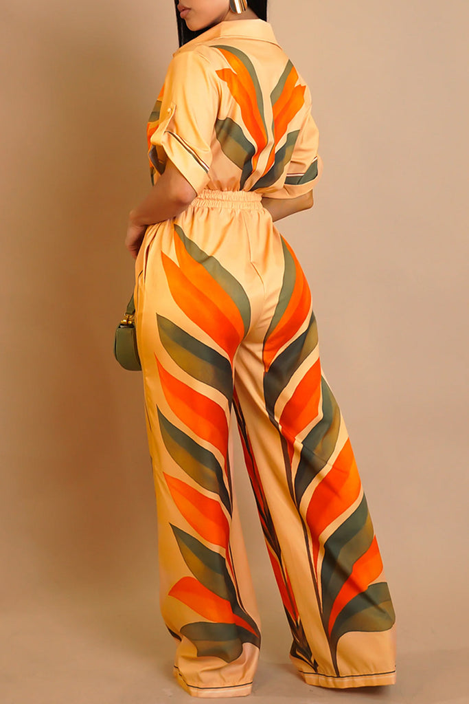 Casual Daily Print Buttons Turndown Collar Regular Jumpsuits