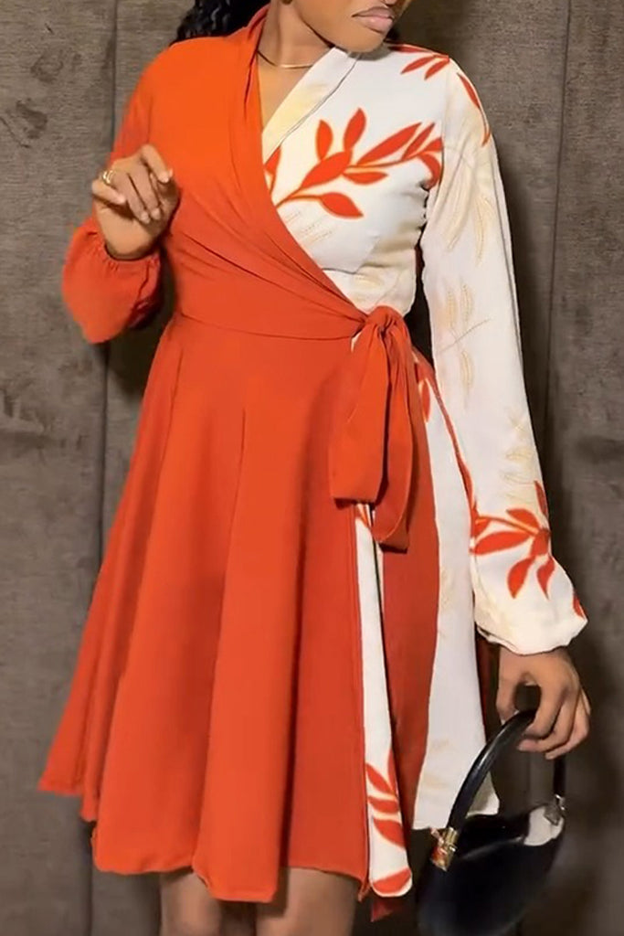 Casual Daily Print Patchwork Belted V Neck A Line Dresses