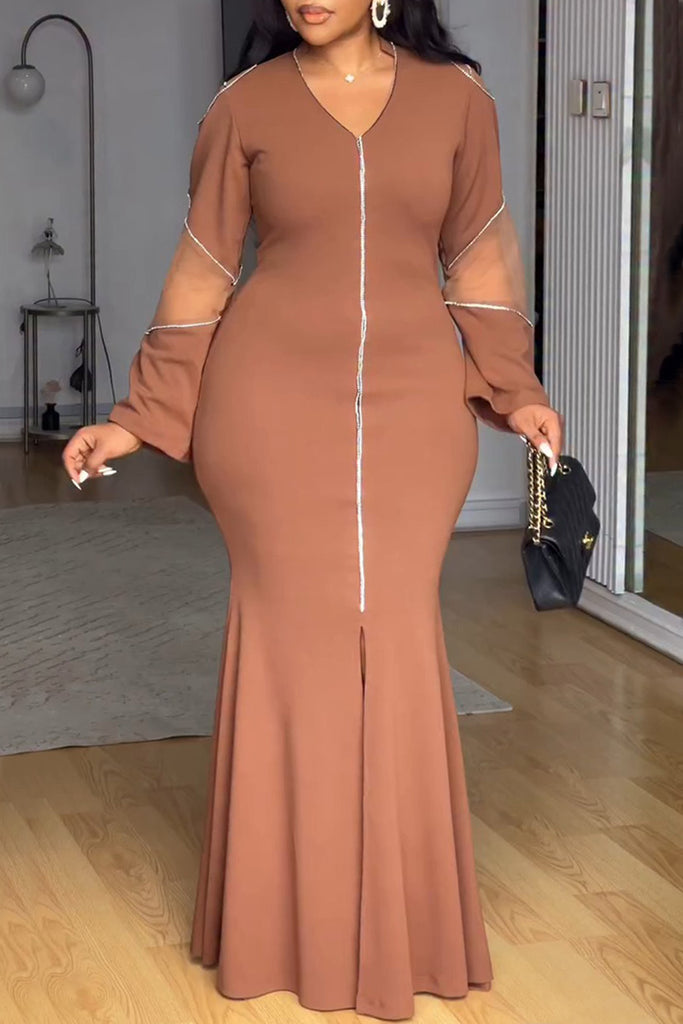 Daily Elegant Solid Color Patchwork Slit V Neck Long Dresses