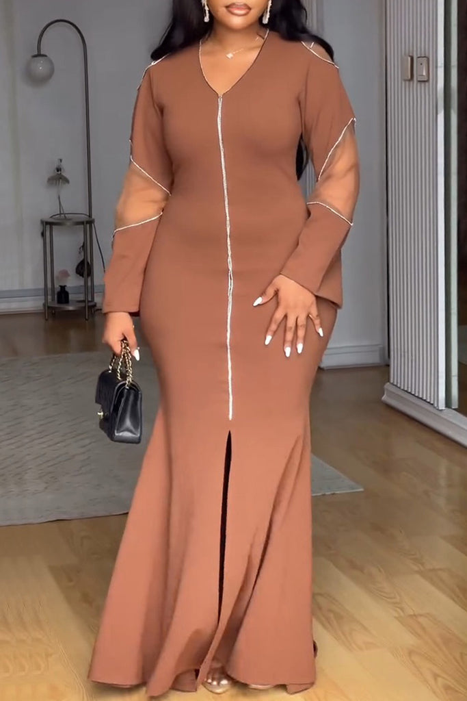 Daily Elegant Solid Color Patchwork Slit V Neck Long Dresses