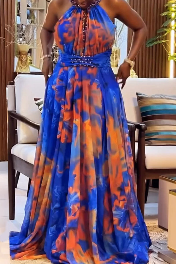Party Formal Print Hollow Out Patchwork Slit O Neck Long Dresses