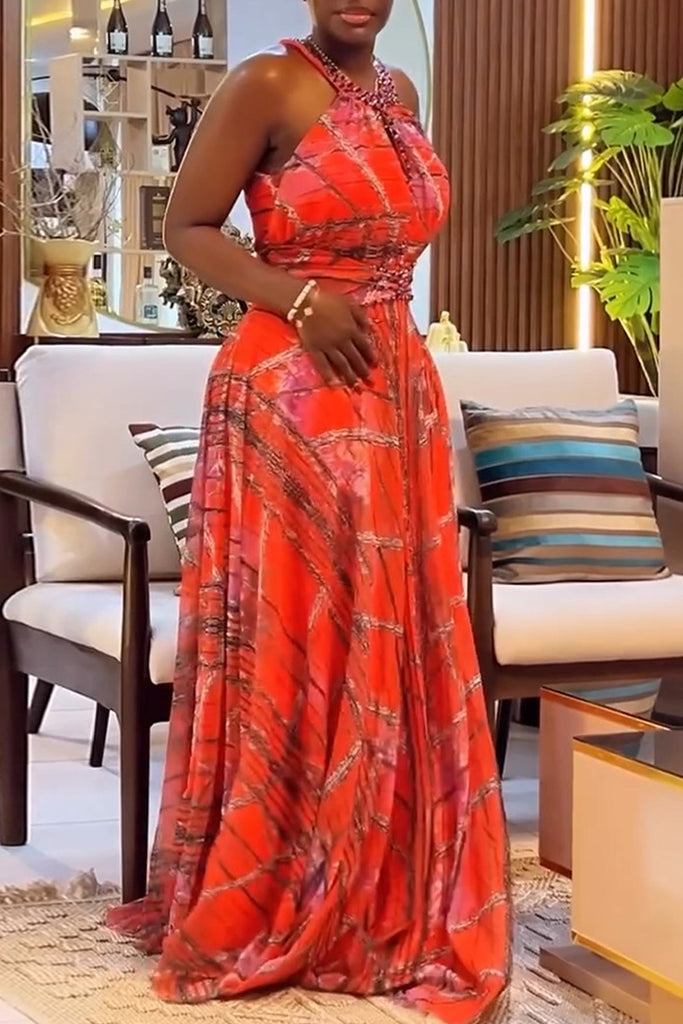 Party Formal Print Hollow Out Patchwork Slit O Neck Long Dresses