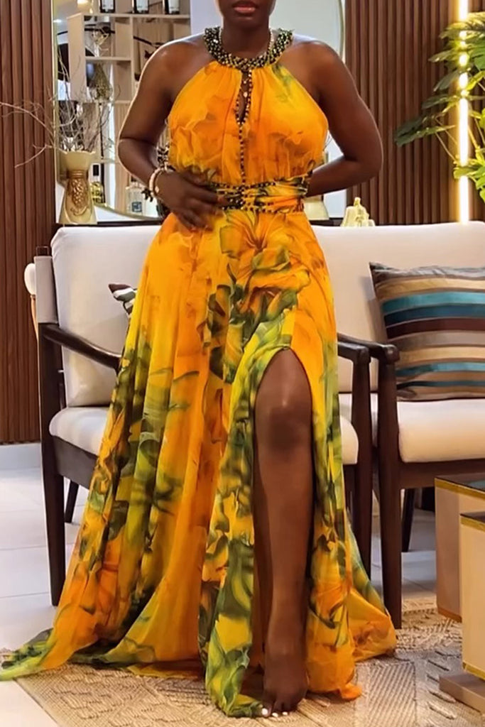 Party Formal Print Hollow Out Patchwork Slit O Neck Long Dresses