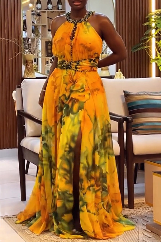 Party Formal Print Hollow Out Patchwork Slit O Neck Long Dresses