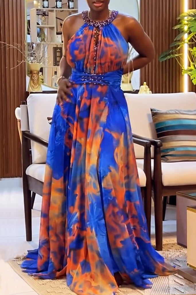 Party Formal Print Hollow Out Patchwork Slit O Neck Long Dresses