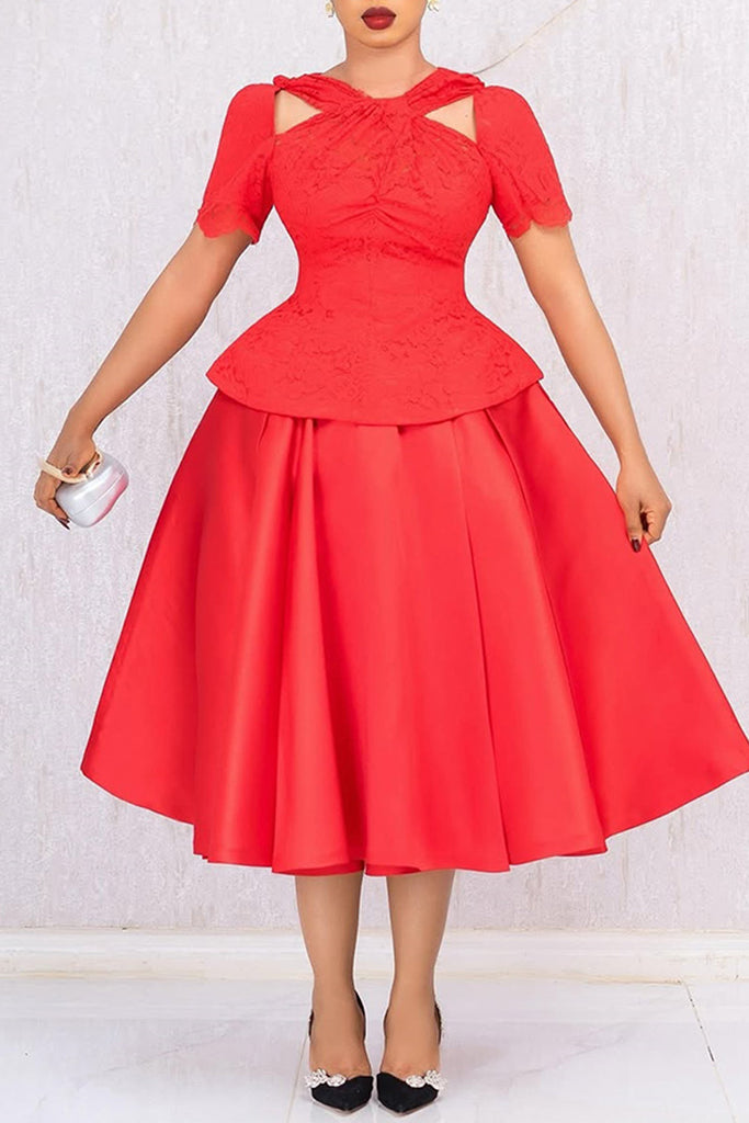 Party Formal Elegant Solid Color Hollow Out Patchwork V Neck A Line Dresses