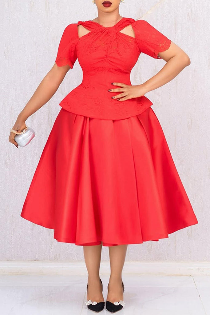 Party Formal Elegant Solid Color Hollow Out Patchwork V Neck A Line Dresses