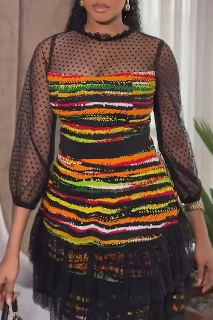 Sexy Casual Daily Print Patchwork See-Through O Neck Printed Dresses
