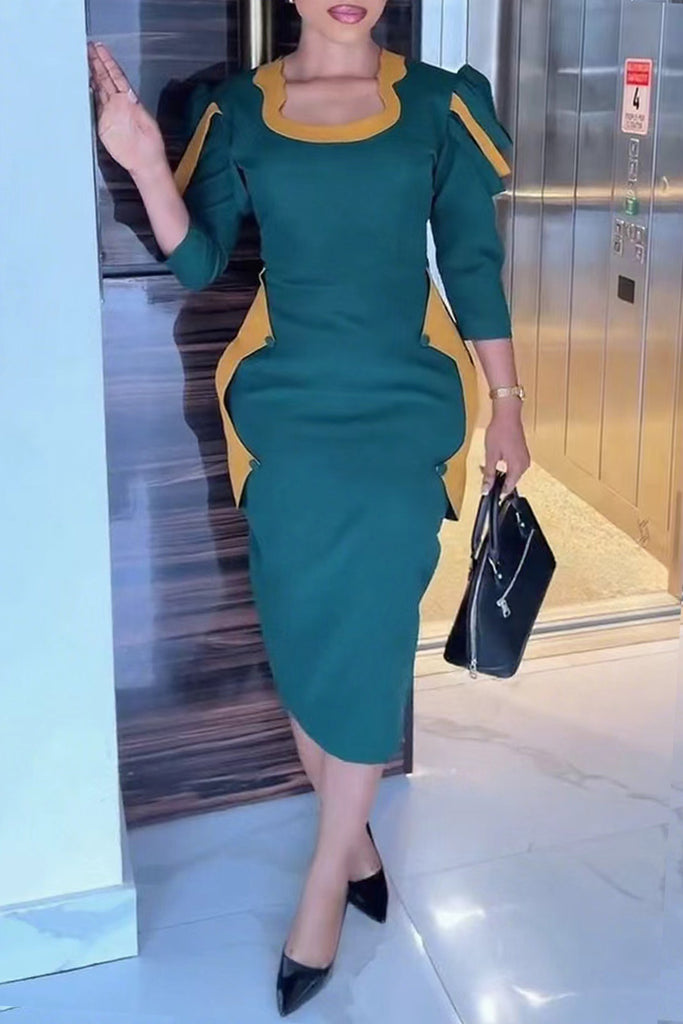 Casual Daily Patchwork Contrast U Neck Wrapped Skirt Dresses