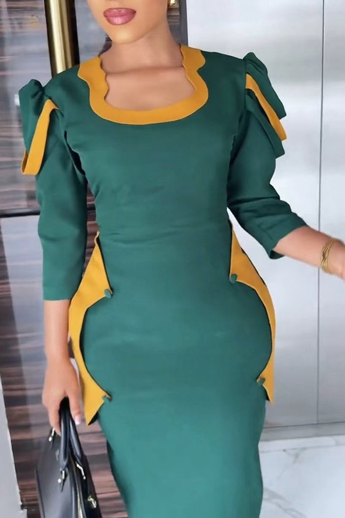 Casual Daily Patchwork Contrast U Neck Wrapped Skirt Dresses