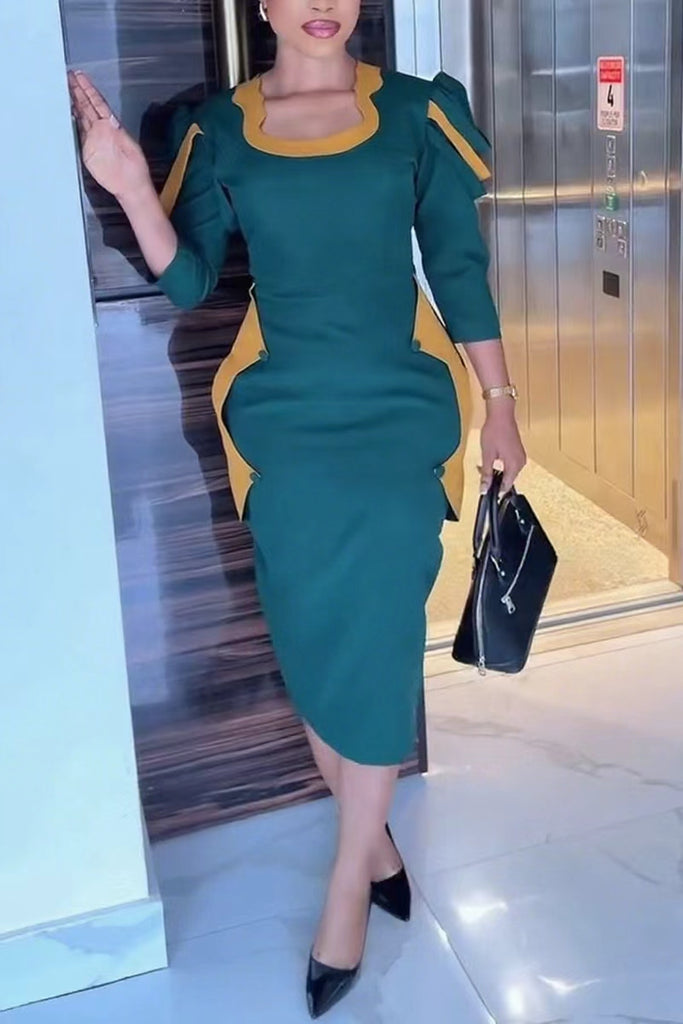 Casual Daily Patchwork Contrast U Neck Wrapped Skirt Dresses