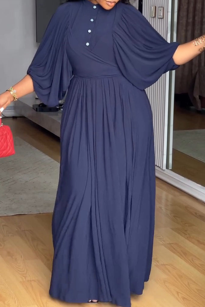 Daily Elegant Solid Color Buttons Button Collar Long Dresses