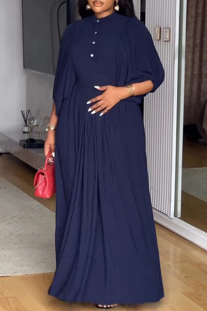 Daily Elegant Solid Color Buttons Button Collar Long Dresses