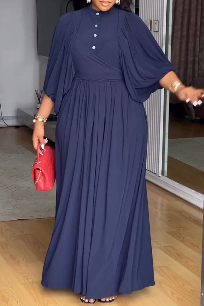 Daily Elegant Solid Color Buttons Button Collar Long Dresses
