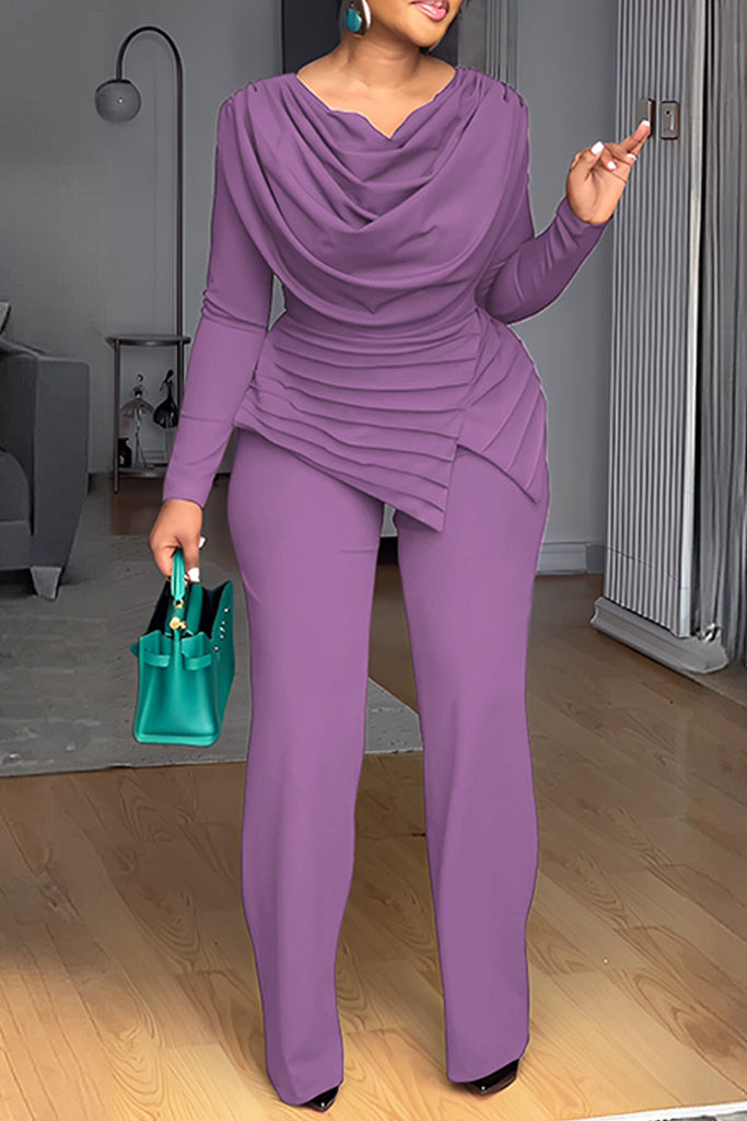 Casual Daily Elegant Solid Color Ruched Zipper Pile Heap Collar Regular Jumpsuits