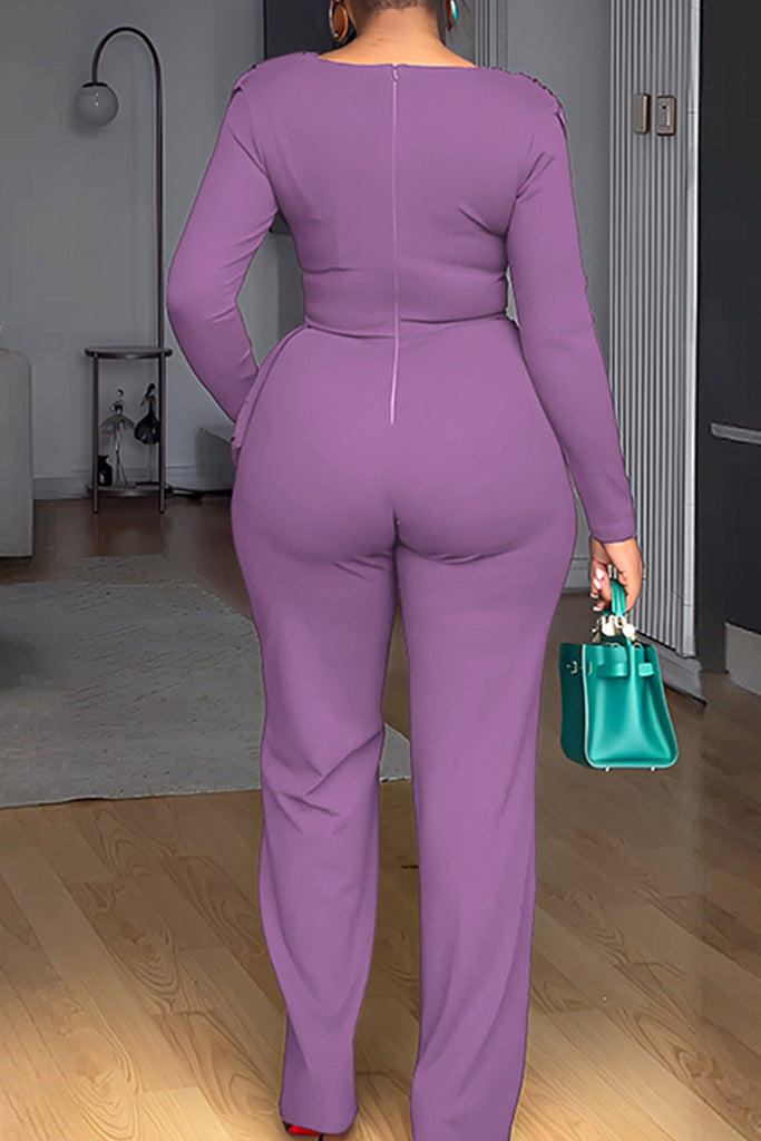 Casual Daily Elegant Solid Color Ruched Zipper Pile Heap Collar Regular Jumpsuits