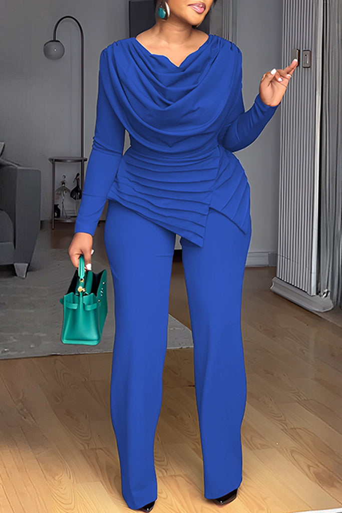 Casual Daily Elegant Solid Color Ruched Zipper Pile Heap Collar Regular Jumpsuits