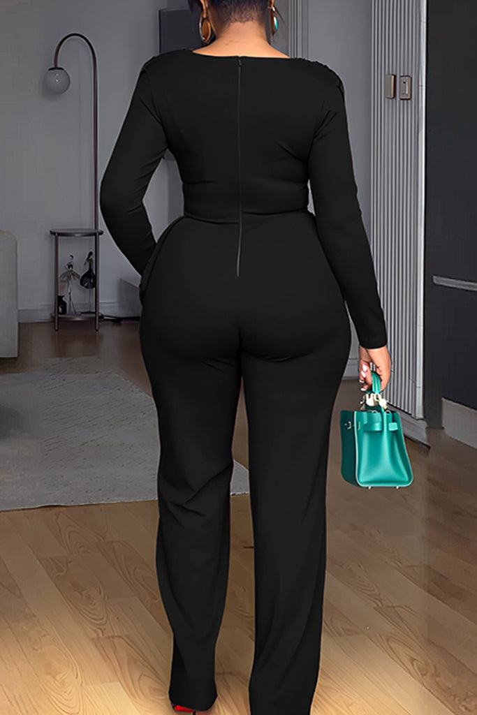 Casual Daily Elegant Solid Color Ruched Zipper Pile Heap Collar Regular Jumpsuits