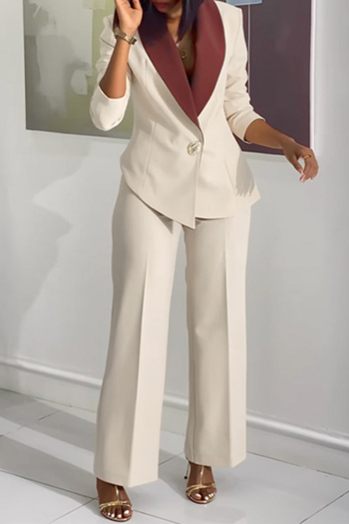 Daily Elegant Solid Color Contrast Turndown Collar Long Sleeve Two Pieces