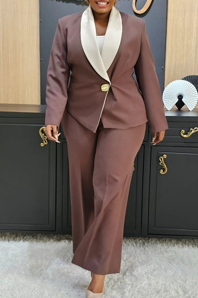 Daily Elegant Solid Color Contrast Turndown Collar Long Sleeve Two Pieces