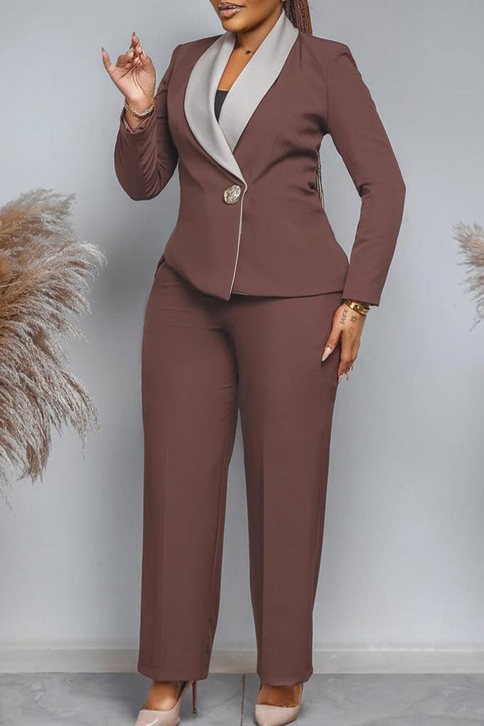 Daily Elegant Solid Color Contrast Turndown Collar Long Sleeve Two Pieces