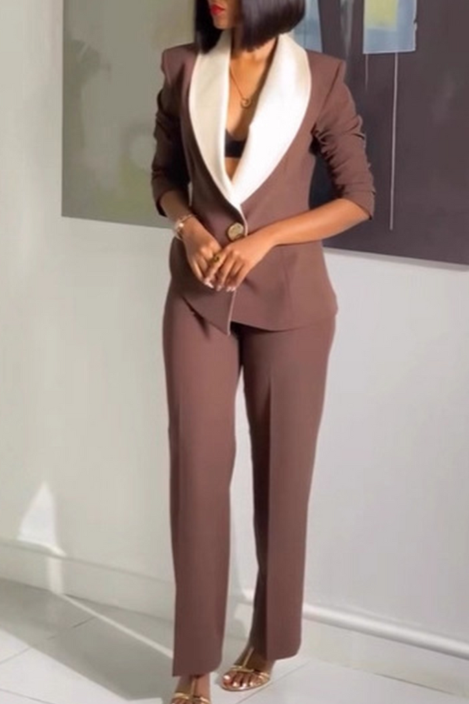 Daily Elegant Solid Color Contrast Turndown Collar Long Sleeve Two Pieces