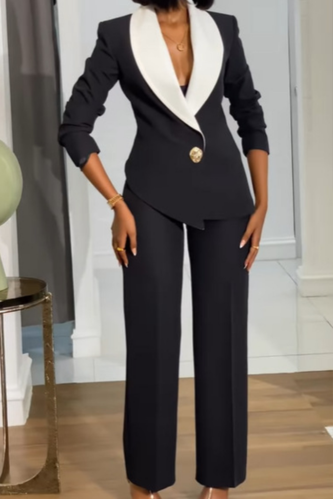 Daily Elegant Solid Color Contrast Turndown Collar Long Sleeve Two Pieces