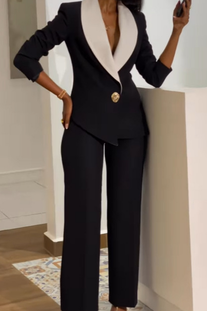 Daily Elegant Solid Color Contrast Turndown Collar Long Sleeve Two Pieces