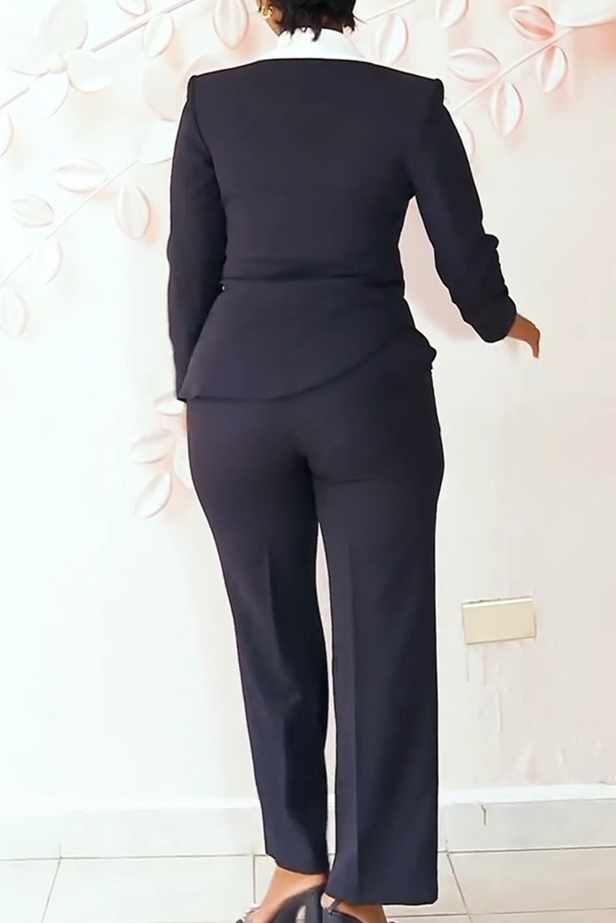 Daily Elegant Solid Color Contrast Turndown Collar Long Sleeve Two Pieces