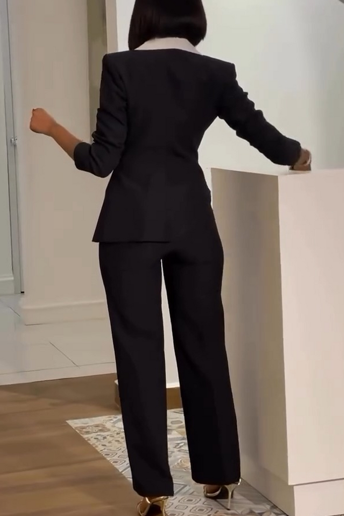 Daily Elegant Solid Color Contrast Turndown Collar Long Sleeve Two Pieces