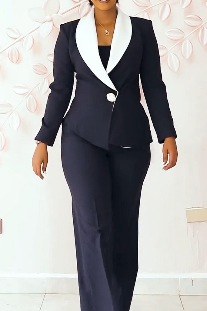 Daily Elegant Solid Color Contrast Turndown Collar Long Sleeve Two Pieces