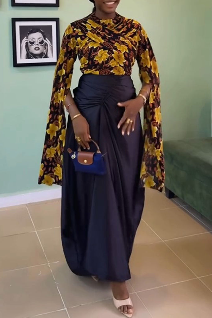 Elegant Floral Print Ruched O Neck Long Sleeve Two Pieces