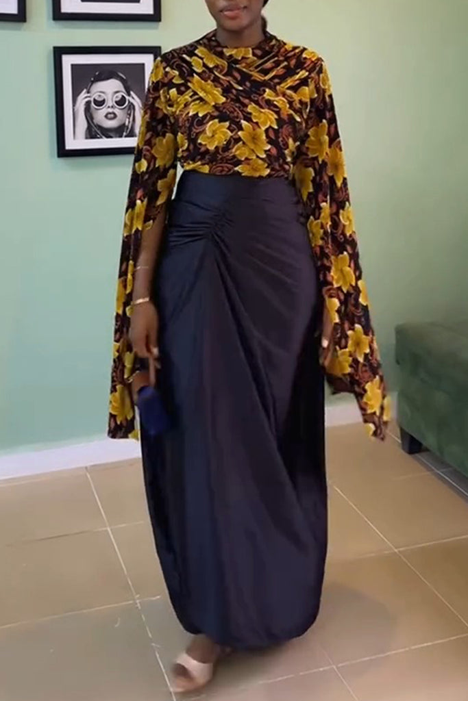 Elegant Floral Print Ruched O Neck Long Sleeve Two Pieces