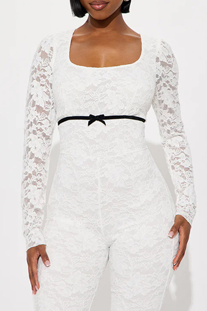 Sexy Solid Color Lace Patchwork See-Through U Neck Bodycon Jumpsuits