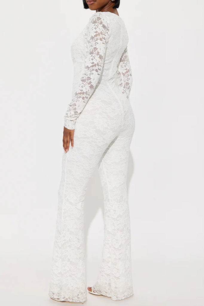 Sexy Solid Color Lace Patchwork See-Through U Neck Bodycon Jumpsuits